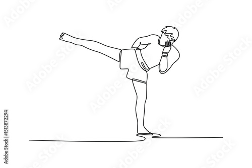Single one line drawing kickboxing man performing a martial arts kick at national muay thai match competition. Sport exercise, fitness workout. Continuous line draw design graphic vector illustration