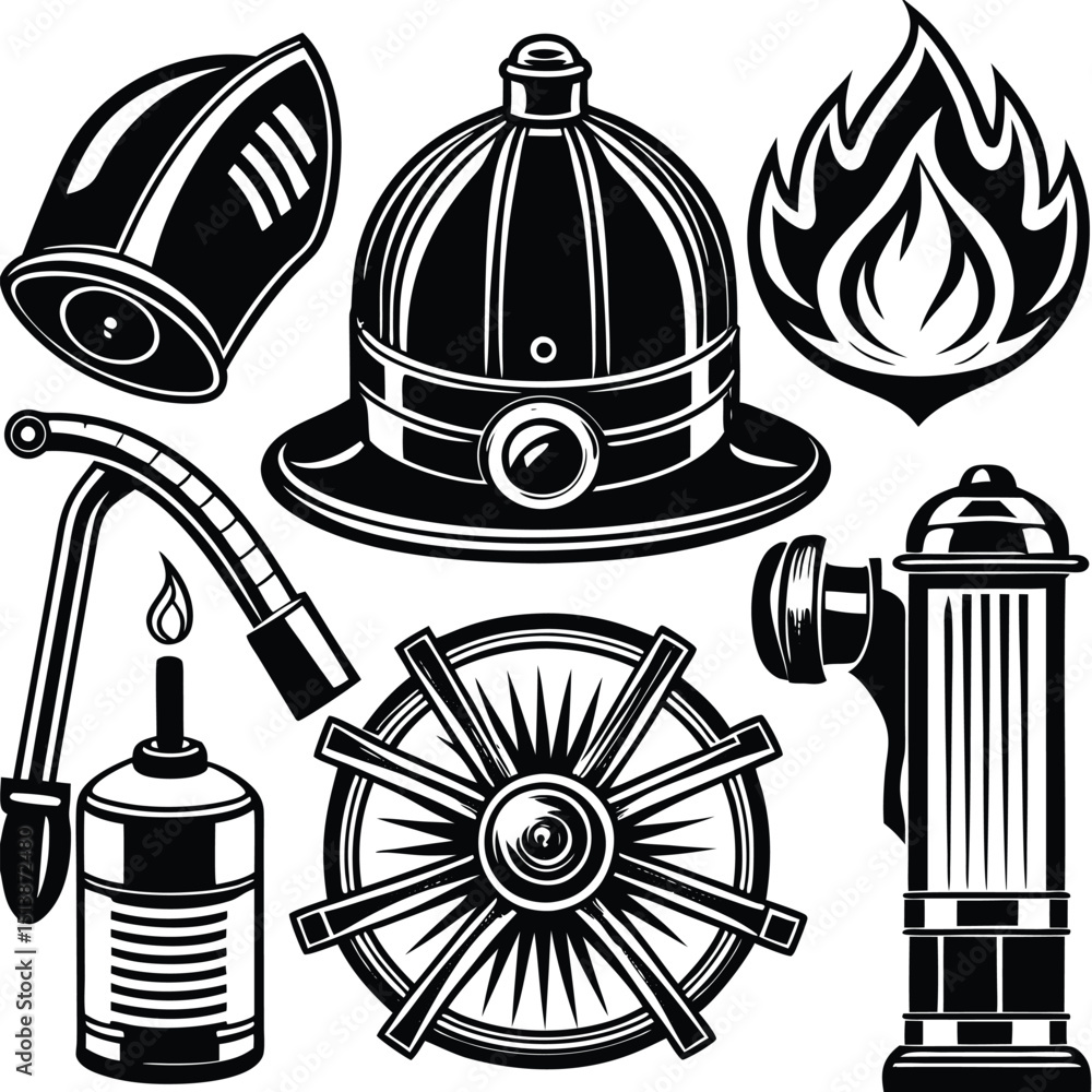Obraz premium Firefighter Emblem and Icon Set – Vector Graphics Collection, Black and White Firefighter Equipment and Symbol Illustrations, Fireman Helmet, Hydrant, and Axe Logo Icons – Emergency Response Art.
