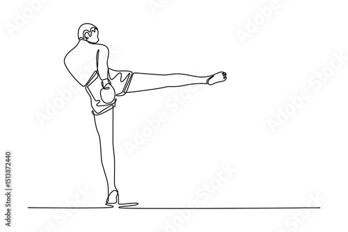 Single one line drawing young man exercising thai boxing at gym. Fighter practicing, training in martial arts in action, motion. Healthy sports. Continuous line draw design graphic vector illustration