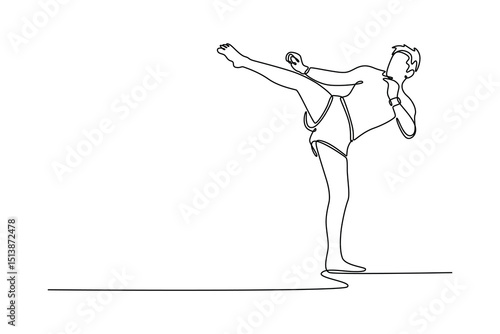 Single one line drawing active man practicing thai boxing at fitness gym. Athletic male training Muay Thai boxing for healthy lifestyle. Modern continuous line draw design graphic vector illustration