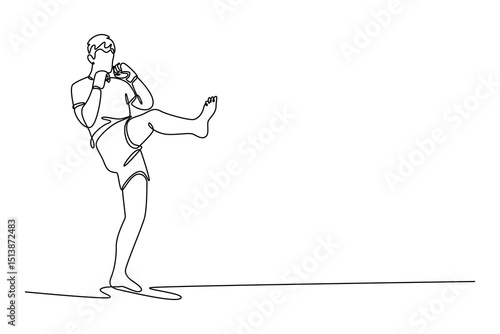 Single one line drawing male kickboxer fighter training kick in sport gym. Powerful sportsman strong body strength workout. Energy power. Modern continuous line draw design graphic vector illustration
