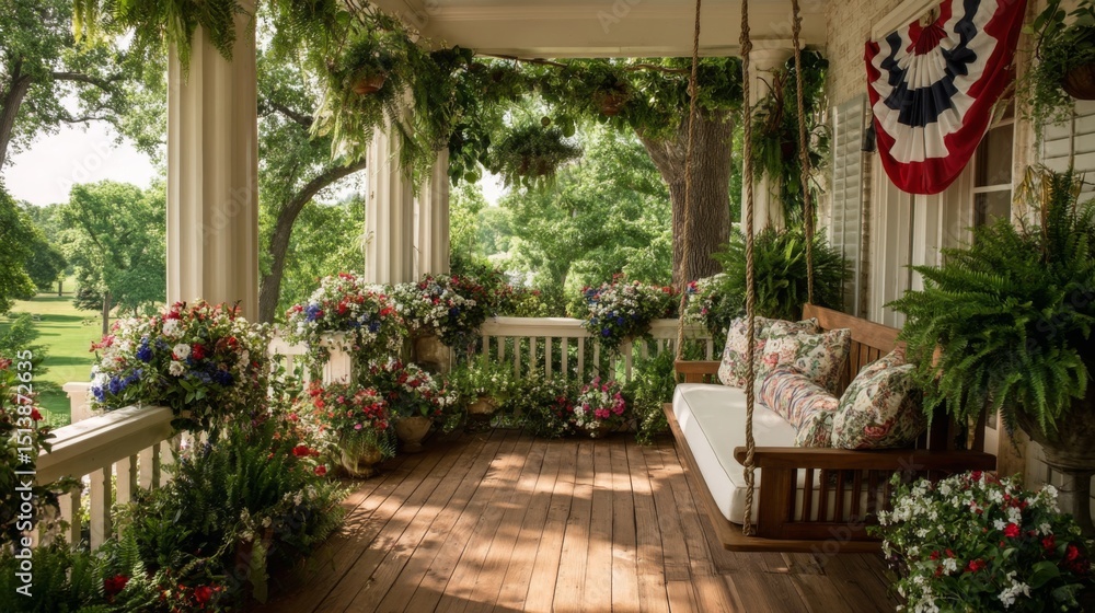 Fototapeta premium Relaxing Summer Porch with Flowers and Swing
