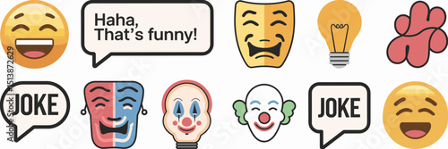 Vector sheet of humor and joke icons in flat style – Perfect for comedy apps, humor websites, or funny merchandise.
