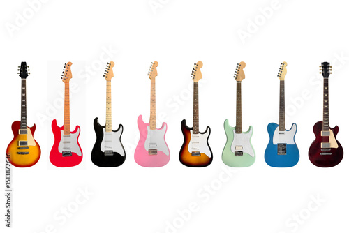 set of different colored electric guitars isolated on white background