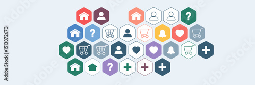 Multicolored hexagonal icons including home and cart – Great for app UI kits, digital dashboards, or user-friendly design packs