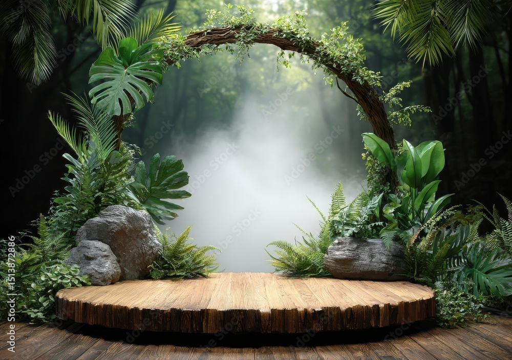 Obraz premium Round Wooden Table with Tropical Plants for Product Display, Dark Forest Mockup