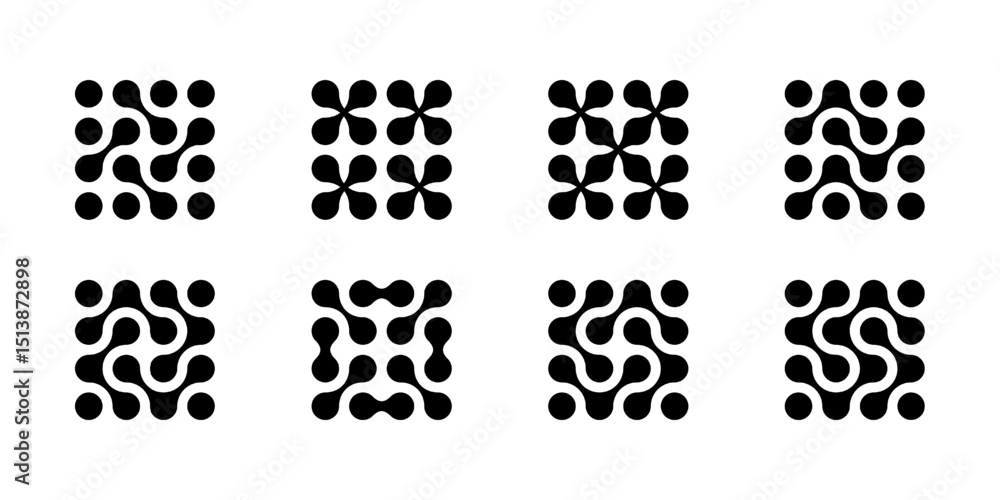 Atom dots connected in molecule structure pattern. Abstract circle shapes, collagen liquid drops. Medical tech metaball cells. Wavy merge fluid arrow, laboratory symbol. Dividing blob circuit cross