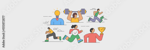 Motivational character icons with fitness and success themes – Suitable for self-improvement tools, wellness campaigns, or productivity resources.