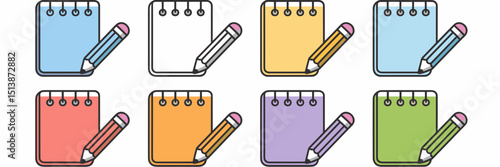 Colorful notepad icons with pencil and eraser on white background – Ideal for educational apps, productivity tools, or stationery branding