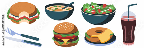 Vector lunch break icons with sandwich, soup, salad, burger, and utensils – Great for workplace wellness guides, food content, or cafeteria signage