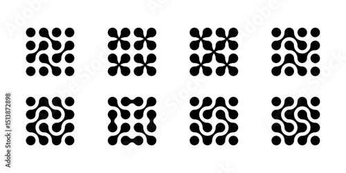 Atom dots connected in molecule structure pattern. Abstract circle shapes, collagen liquid drops. Medical tech metaball cells. Wavy merge fluid arrow, laboratory symbol. Dividing blob circuit cross