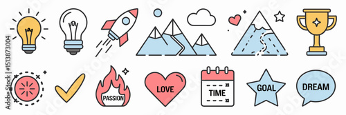 Motivational icon set with symbols and inspirational text – Ideal for goal tracking apps, personal development content, or coaching platforms.
