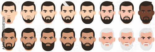 Beard style icons on diverse male faces – clean-shaven to full white beards