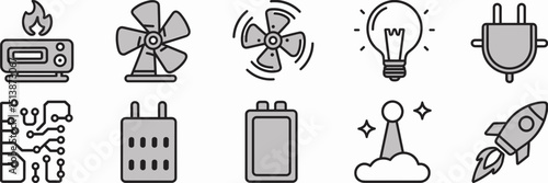 Technology and energy vector icons in modern style – Ideal for electronics manuals, power-saving tips, or STEM education