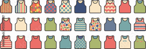 Sleeveless shirt icons with colorful patterns and fruit prints on white background