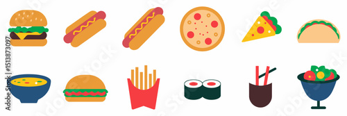 Colorful cafeteria food icons with flat modern design – Great for digital menus, snack packaging, or food ordering apps