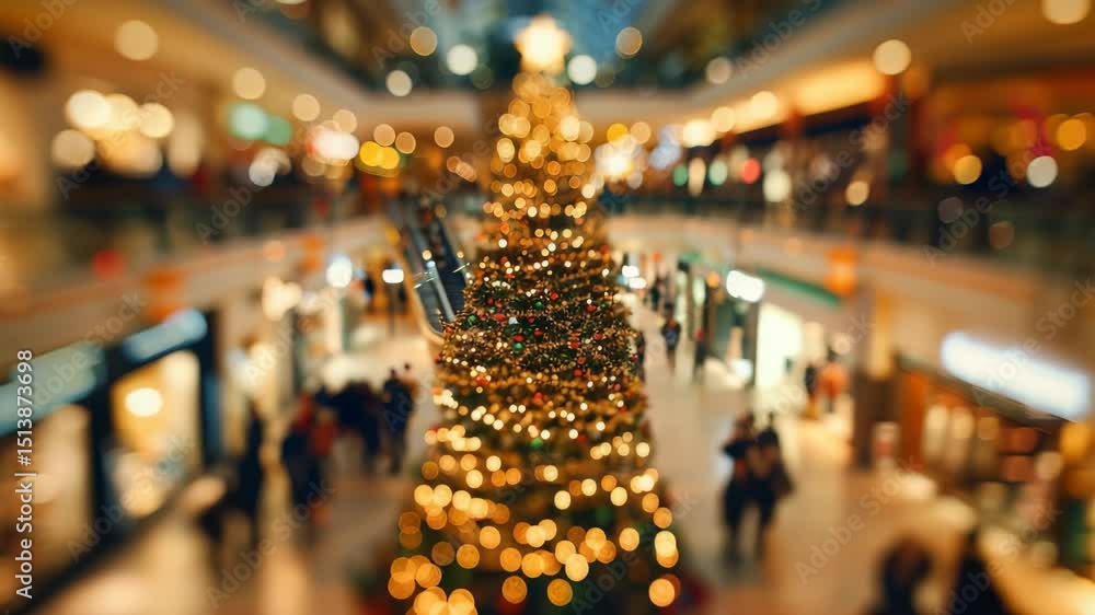 Holiday shoppers gather around a shimmering, brightly lit tree in a bustling indoor shopping center, creating a festive atmosphere and sparking holiday cheer.