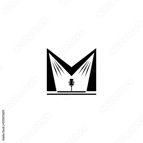 Music maestro logo with letter M concept, microphone icon on stage with spotlight