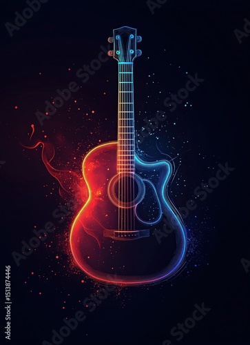 Colorful acoustic guitar glowing in vibrant neon hues against a dark background, evoking a sense of musical energy and creativity