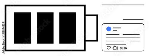 Battery icon with three bars representing energy, aligned with a social media post interface displaying thumbs ups, comments, and engagement metrics. Ideal for energy, social networks, productivity