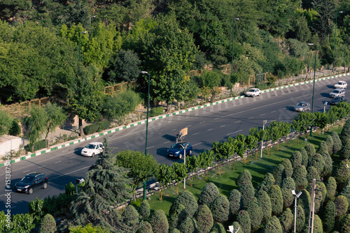 Aerial view of a bustling street in Tehran, Iran, lined with lush green trees, capturing urban life and cityscape beauty.