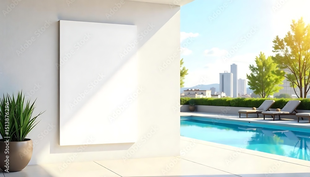 Fototapeta premium Blank vertical poster mockup on modern exterior wall near rooftop pool with urban cityscape view in background on sunny day. 3D Rendering, created with generative ai