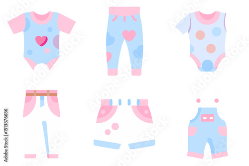 Icons ute baby clothing illustrations featuring colorful outfits like bodysuits, pants, and overalls 
