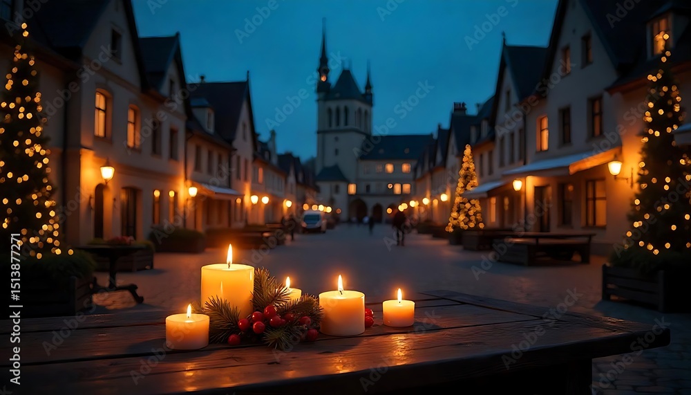 Obraz premium Christmas time Wooden table with candles in front of a medieval town square on Christmas night. Gothic castle at night, created with generative ai