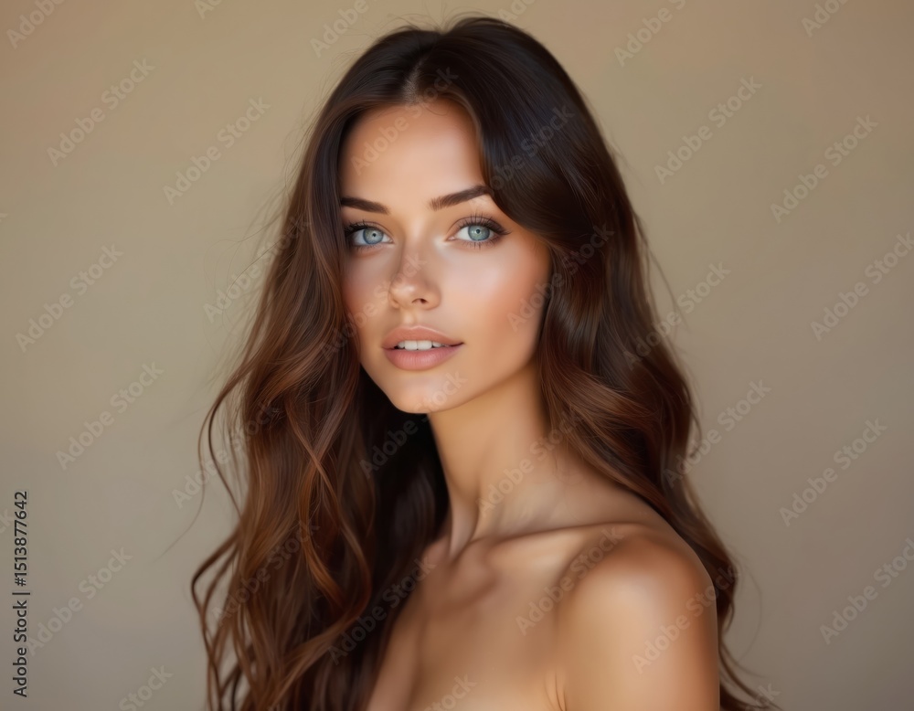 Naklejka premium Portrait of beautiful young woman with long brown wavy hair. She has striking blue eyes, perfect skin. Natural makeup, healthy complexion. Elegant, attractive model looks to camera.