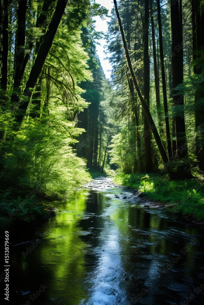 Obraz premium Sunlit stream winding through lush redwood forest