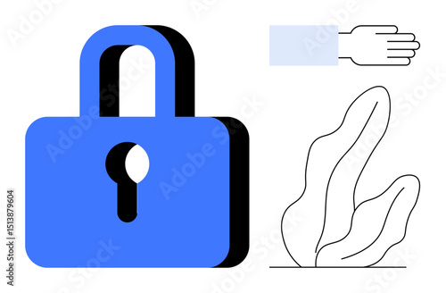 Blue padlock symbolizing security, hand element implying interaction, abstract leaf design for natural growth. Ideal for privacy, protection, data access, cybersecurity, user authentication