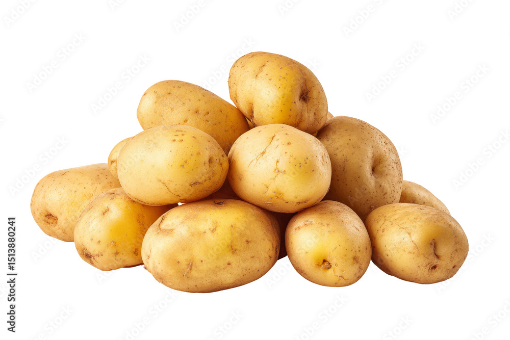 Freshly harvested golden potatoes, rustic earthy tones, ideal for cooking or food preparation, textured surface for visual appeal Isolated on white background or PNG Freshly harvested golden potatoes, rustic earthy tones, ideal for cooking or food preparation, textured surface for visual appeal Isolated on white background or PNG