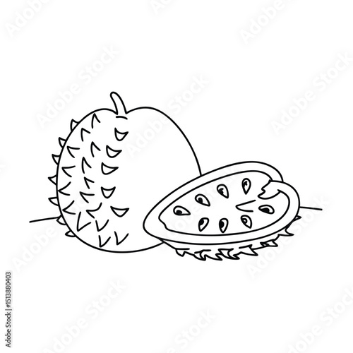 Outline illustration of freshly cut soursop fruit showing seeds and spiky skin details