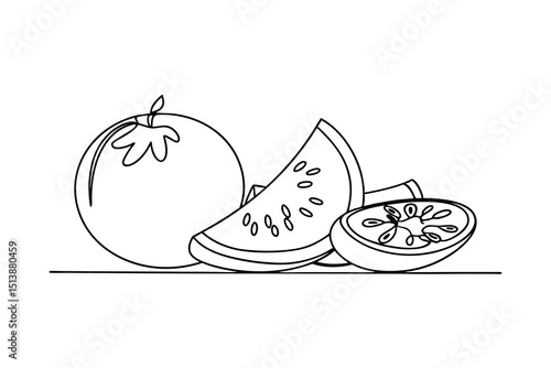 Simple monochrome illustration of a whole tomato and slices for culinary design