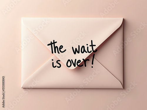 Pink envelope with handwritten message the wait is over