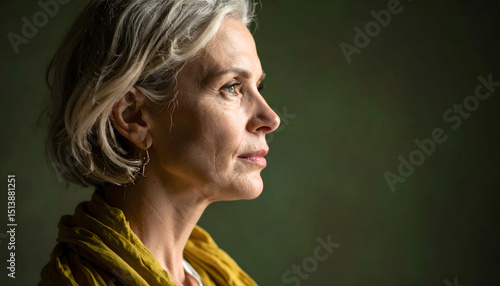Thoughtful Mature Woman Profile, Silver Hair,  Green Background