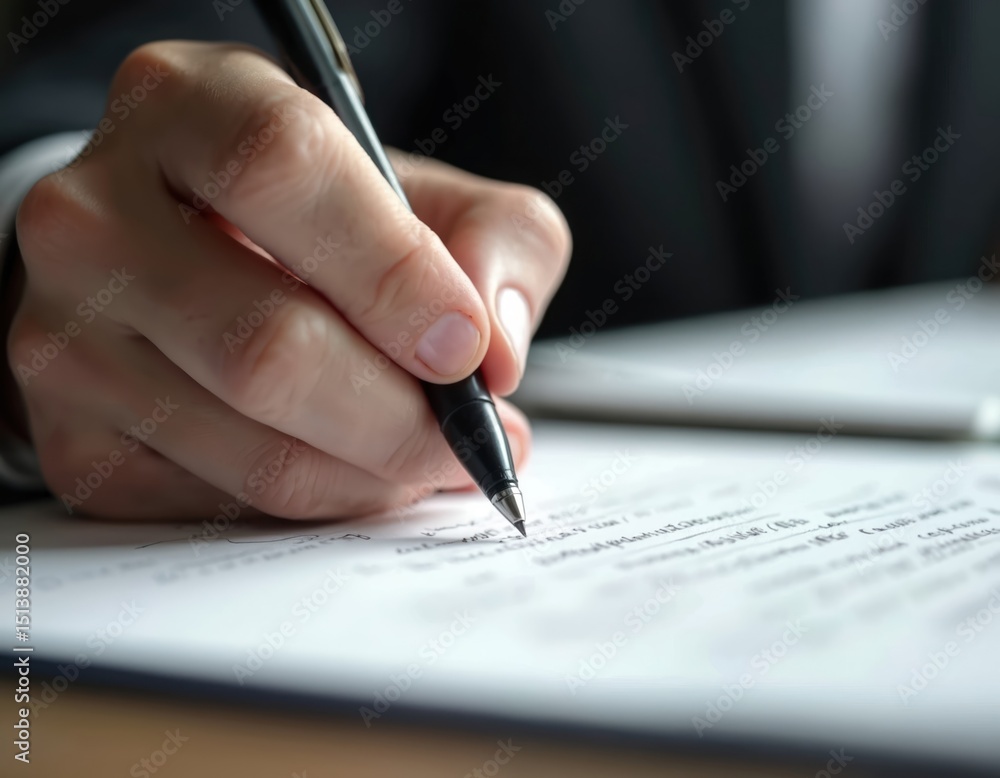 Close-up of hand writing with pen on document in office setting. Professional workplace concept. Man signs contract with signature. Business agreement. Close-up of hand writing with pen on document in office setting. Professional workplace concept. Man signs contract with signature. Business agreement.