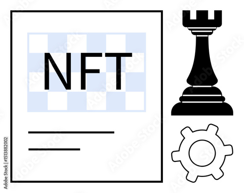 NFT text on document alongside chess rook and gear icon, portraying strategy, innovation, blockchain applications, creative marketplaces, data ownership, cryptocurrency, flat simple metaphor