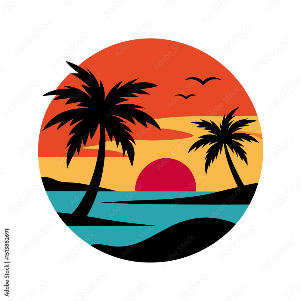 Fototapeta premium Vibrant Sunset over a Tropical Beach with palm tree illustration