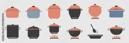 Vector illustration of pot icons with diverse materials and cooking styles – Suitable for educational content, kitchen apps, or recipe websites.
