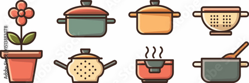 Vector icon set of pots with plants, spoons, and steam – Ideal for culinary guides, gardening infographics, or lifestyle blogs.