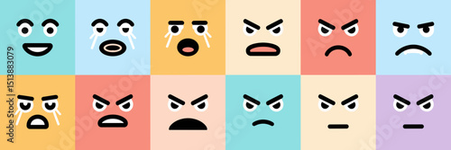Icon sheet of expressive emotion faces in vector grid layout