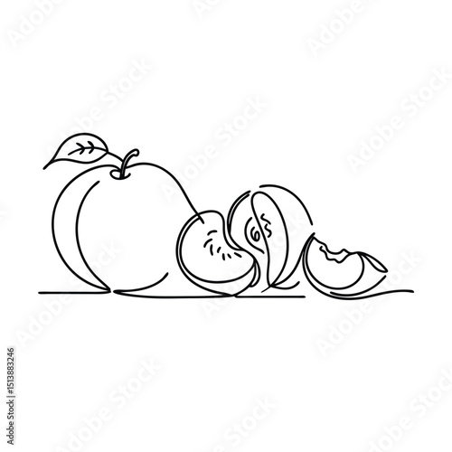 Elegant one line drawing of peaches including a whole fruit and sliced pieces on white background