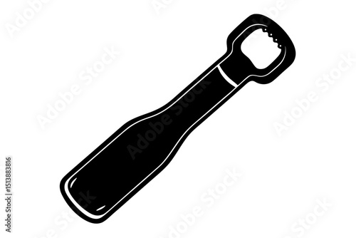 Black and white bottle opener illustration transparent on white background.
