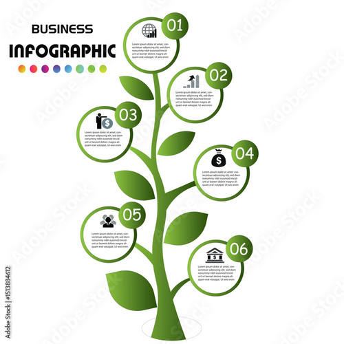 Green tree infographic with six circular steps, ideal for eco business concepts, growth strategies, sustainability plans, or environmental presentations.
