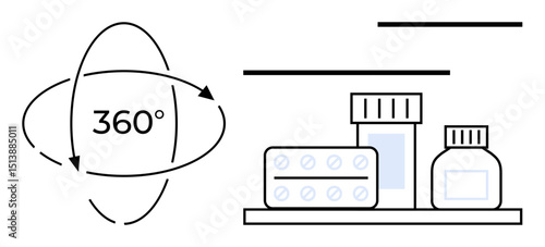 360-degree arrows encircle shelves of medicine bottles and blister packs. Ideal for healthcare, pharmaceutical innovation, online pharmacies, telemedicine, education, e-commerce, patient care. Clean
