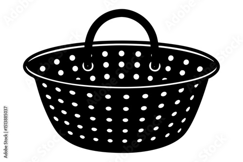 Simple black and white kitchen colander illustration with carrying handle