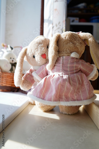 Toy hare boy hugs a hare girl at home