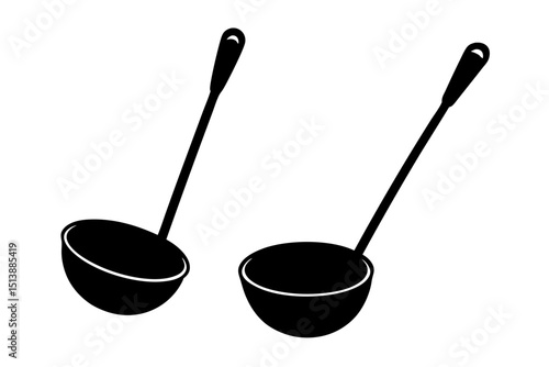 Two black ladles with handle silhouettes on a white background with transparency