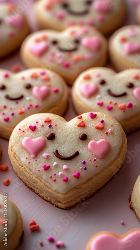Heart shaped cookie with pink and pink sprinkles valentine’s day cookies food background vertical background